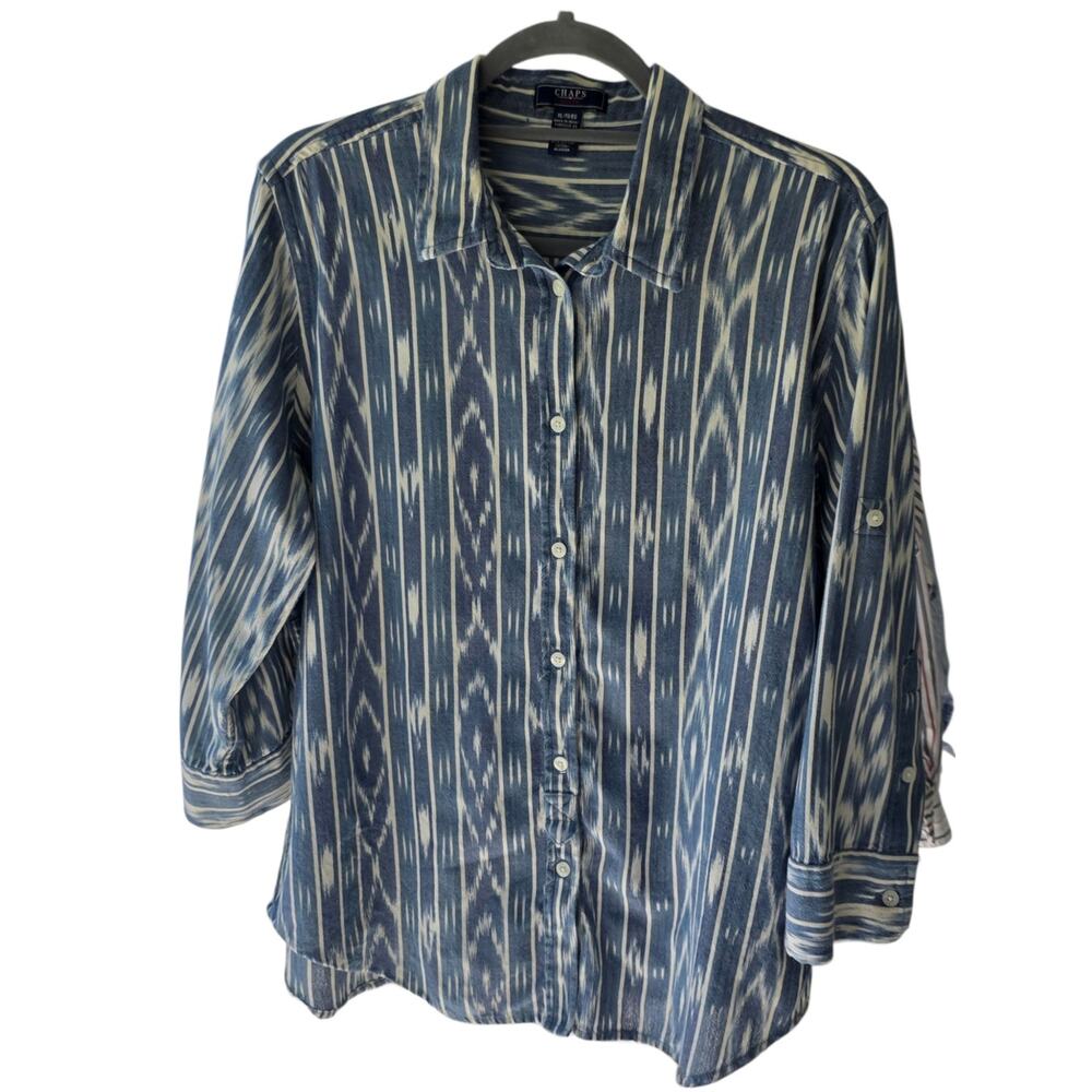 Chaps Denim Womens XL Blue Striped Button Down Shirt 100% Cotton Roll Tab Sleeve